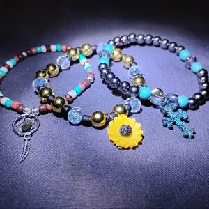 Sunflower and Cross Charm Beaded Bracelet Set
